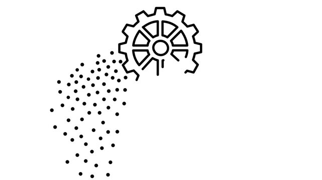 Minimalist vector icon illustration of a mechanical gear wheel transforming into a cloud of digital data particles, representing digital transformation, innovation, technology, and DevOps.