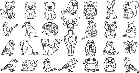 Collection of vector wildlife animals and birds in line art style © IftiarJony