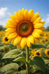 Obraz premium Single sunflower head blooming brightly in summer field
