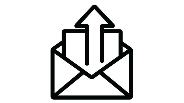 Minimalist vector icon illustration of a black line art open envelope with an upward arrow, symbolizing outgoing email marketing, sent messages, digital communication, and business operations.