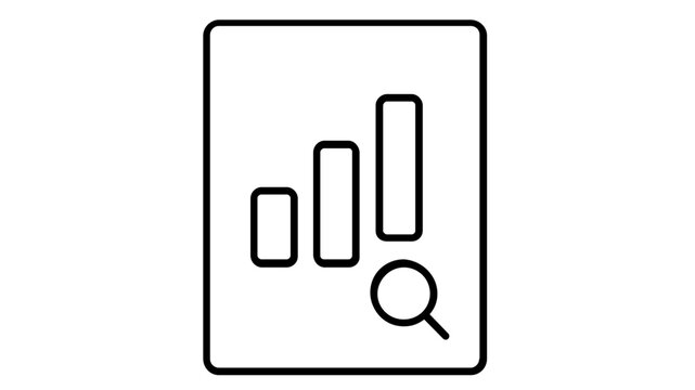 Sales report vector icon illustration featuring a document with a bar chart and a magnifying glass. Clean line art design for business analytics, data research, and financial growth tracking.