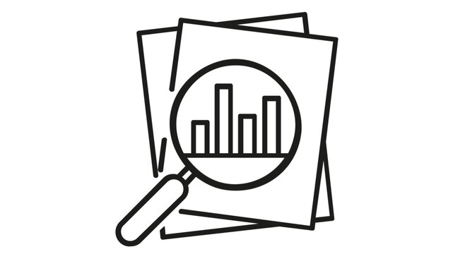 Minimalist vector icon illustration of a sales report document featuring a bar chart under a magnifying glass, perfect for business data analysis, financial research, and market audit concepts.