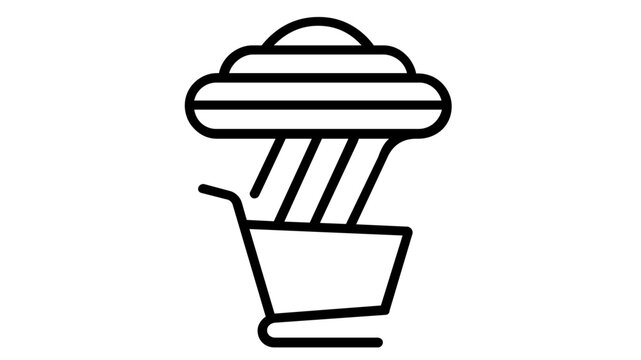 Minimalist retail cloud vector icon illustration showing a stylized cloud with rays connecting to a shopping cart, symbolizing digital commerce, e-commerce solutions, and cloud-based retail services.
