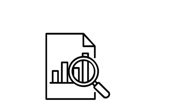Minimalist black and white line art vector icon illustration of a sales report document with a bar chart and magnifying glass for data analysis, business research, and financial auditing.