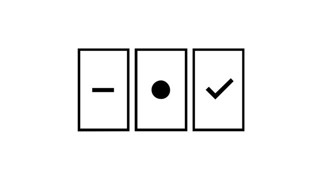 Minimalist vector icon illustration of three rectangular OKR cards featuring a minus sign, solid dot, and checkmark symbol for tracking business performance, key results, and project status.