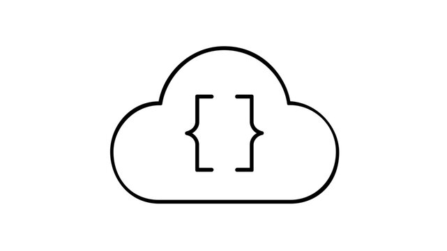 Serverless computing vector icon illustration featuring a cloud outline and curly braces for coding. Minimalist black line art for cloud functions, DevOps, and software development projects.