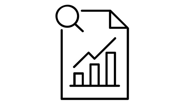 Minimalist sales report vector icon illustration showing a document with a rising bar chart and magnifying glass, ideal for business analytics, financial data review, and professional auditing.