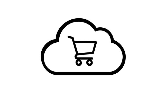 Retail cloud vector icon illustration featuring a minimalist black line art shopping cart inside a cloud outline, symbolizing e-commerce, online shopping, and digital marketplace services.