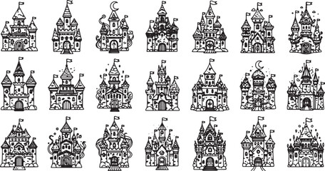 Vector collection of fantasy castles in detailed line art illustration © IftiarJony