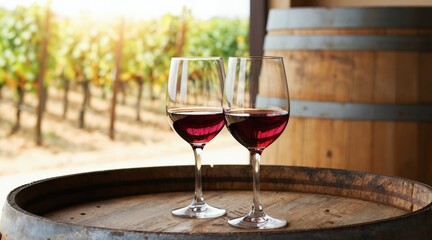 Obraz premium Two glasses full of red wine sit on a wooden barrel. Vineyards stretch out in the background. Sunlight streams through the grapevines. This evokes a feeling of relaxation and enjoyment.