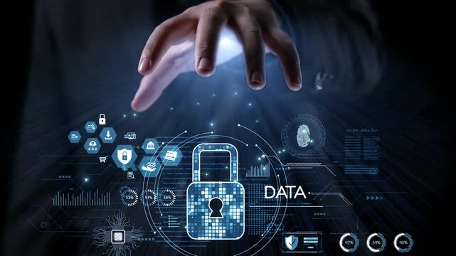 A businessman reaches out towards a holographic digital lock representing data security and cybersecurity concepts, illustrated through advanced technology visuals. Qubit