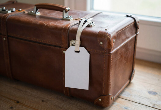 weathered brown leather suitcase rests rustic wooden floor bathed soft morning light streaming open window blank