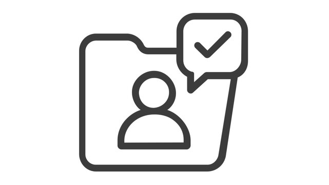 Professional account management vector icon illustration featuring a folder with a user profile silhouette and a checkmark speech bubble for business verification and data organization.