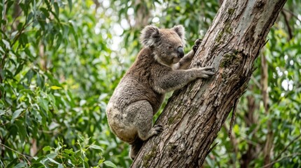 Fototapeta premium Koala climbing eucalyptus tree in natural Australian forest habitat