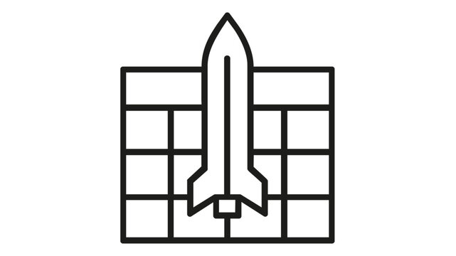 Campaign launch vector icon illustration featuring a rocket taking off from a calendar grid. Minimalist line art design representing project start, marketing strategy, and business growth.