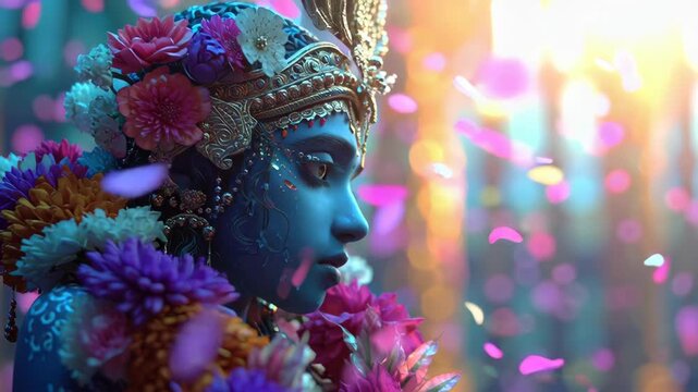 Traditional Hindu deity Krishna adorned with flowers during festival celebration