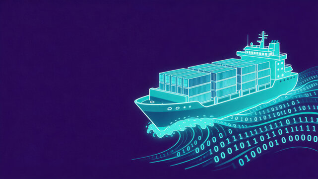 Neon cargo ship sailing through digital waves of binary code on dark background