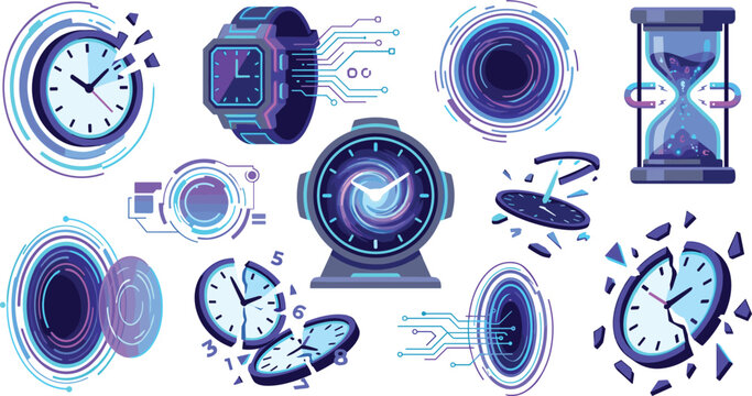 Futuristic Time Travel Clock Illustration Set Featuring Digital Watches, Hourglasses, and Time Manipulation Effects for Sci-Fi and Technology Designs
