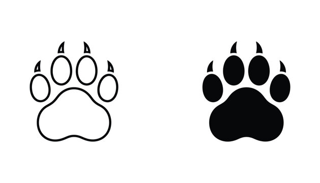 Predator paw print icon with sharp claws in linear and solid black vector style isolated on white for wildlife branding