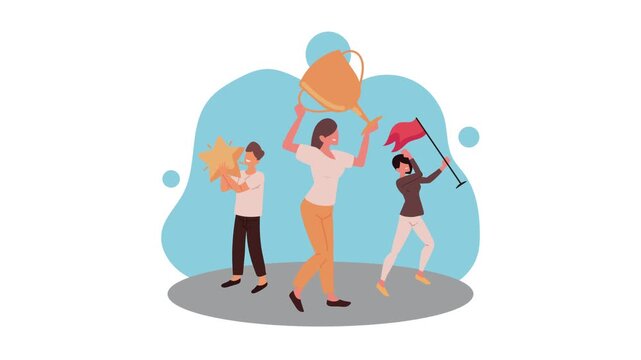 Animated characters celebrating victory with trophy and flags motion graphics.