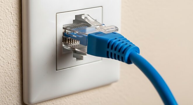 Close up of ethernet cable connected to wall outlet for data transfer
