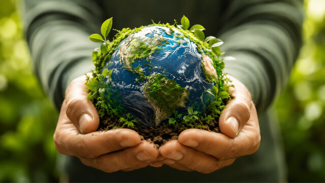 Realistic human hands gently holding glowing planet Earth with lush green moss and tiny plants growing, soft natural sunlight, environmental conservation concept, ultra realistic, clean background.