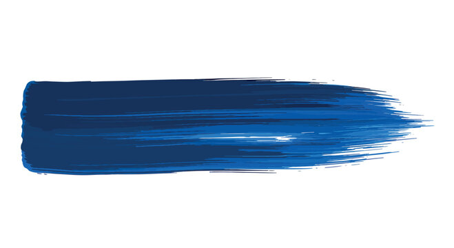 Thick horizontal brushstroke of deep blue paint on a white background. Abstract acrylic or oil painting texture with visible bristles and impasto effect for design elements.