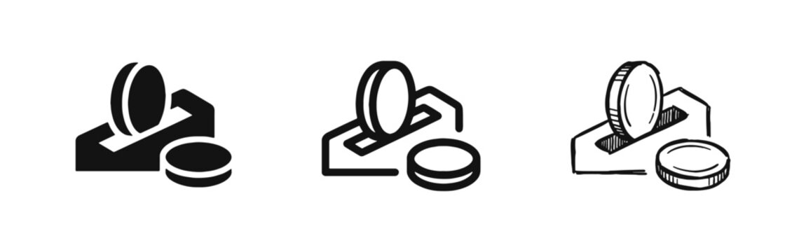 Coin insertion into slot icon set in solid, outline and sketch styles for savings and payment concepts