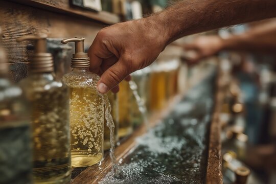 Hand pressing a soap dispenser under running water in a store or pharmacy setting.