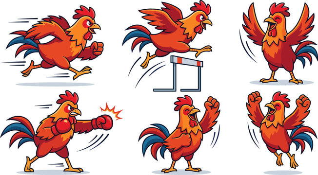 Cartoon Rooster Illustration Set Featuring Active Poses, Running, Jumping, and Fighting Roosters for Fun and Dynamic Animal Designs