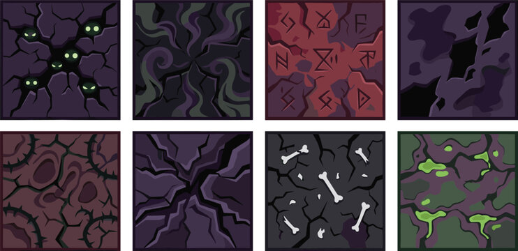 Dark Fantasy Cracked Surface Illustration Set Featuring Mysterious Cracks, Glowing Eyes, and Eerie Patterns for Horror and Fantasy Designs