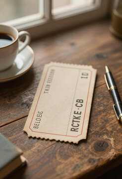 worn vintage ticket mockup rests centrally weathered wooden table bathed soft golden light filtering nearby window