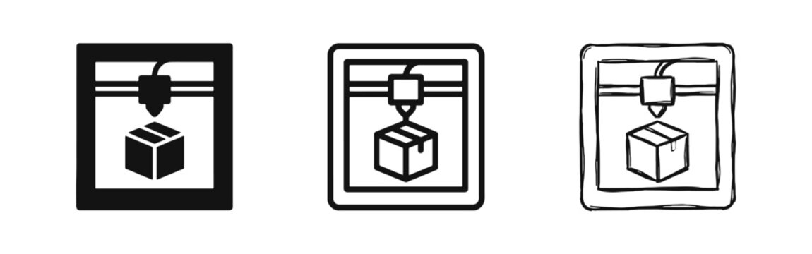 3D printer printing a box icon set in solid, outline and hand-drawn sketch styles for manufacturing