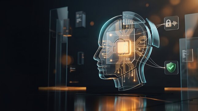 Glass head shape with glowing circuits and service icons in dark tech space, neural system concept, Customer care, Online support