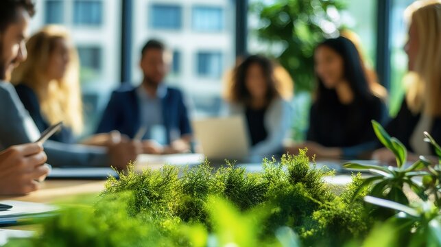 Diverse group discussing sustainability in office