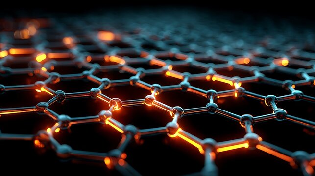 Abstract Graphene Nanostructure with Glowing Orange Molecular Connections.