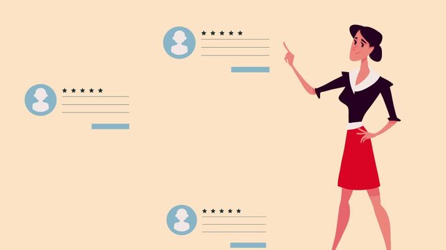 Animated woman pointing at customer review boxes with five stars on beige background in minimalist style.