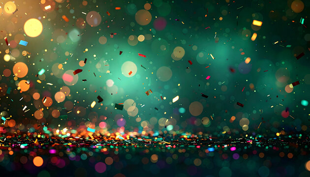 Ground level view of colorful confetti on the forest floor