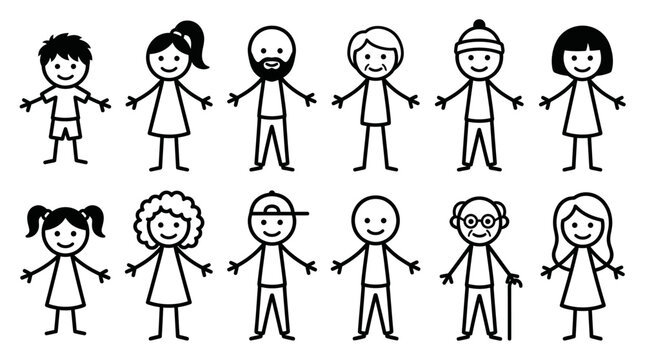 Collection of Simple Stick Figure People Icons Representing Diversity