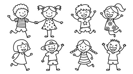 Happy stick figure children running and playing in a playful drawing style © matahari