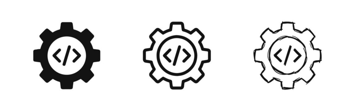Programming Code and Gear Icon Set for Software Development and Engineering