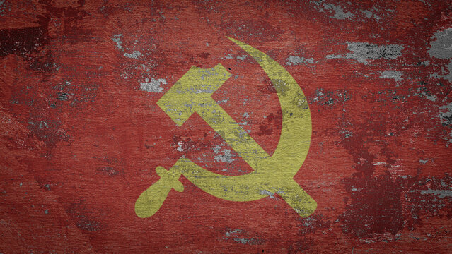 flag of the Soviet Union are painted on an old stone wall