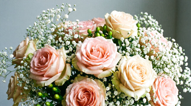 Close-up of a delicate bouquet of pink and cream roses with baby's breath