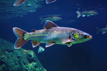 Fototapeta premium Himalayan mahseer fish swims underwater in a large aquarium. This golden mahseer has detailed scales and fins, its eye is visible, surrounded by blue water.