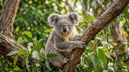 Fototapeta premium Adorable Koala Bear Resting on Eucalyptus Tree Branch in Australian Bushland