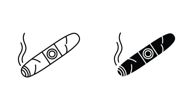 Smoking cigar icon set with smoke trails in black and white vector style for tobacco and luxury lifestyle branding elements isolated on white background for graphic design and print projects