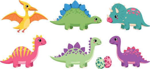 Cute Dinosaur Cartoon Illustration Set Featuring Colorful Prehistoric Animals, Flying Pterodactyl, Baby Dino Characters, and Jurassic Kids Designs © EdGe Creative