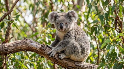 Naklejka premium Adorable Koala Bear Sitting on Eucalyptus Tree Branch in Australian Bushland