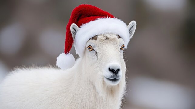 Majestic Mountain Goat in a Santa Hat Amidst a Snowy Alpine Wonderland Celebrating the Holidays