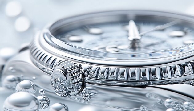 Close Up of Elegant Stainless Steel Wristwatch Under Clear Water, Showcasing Luxury and Style.